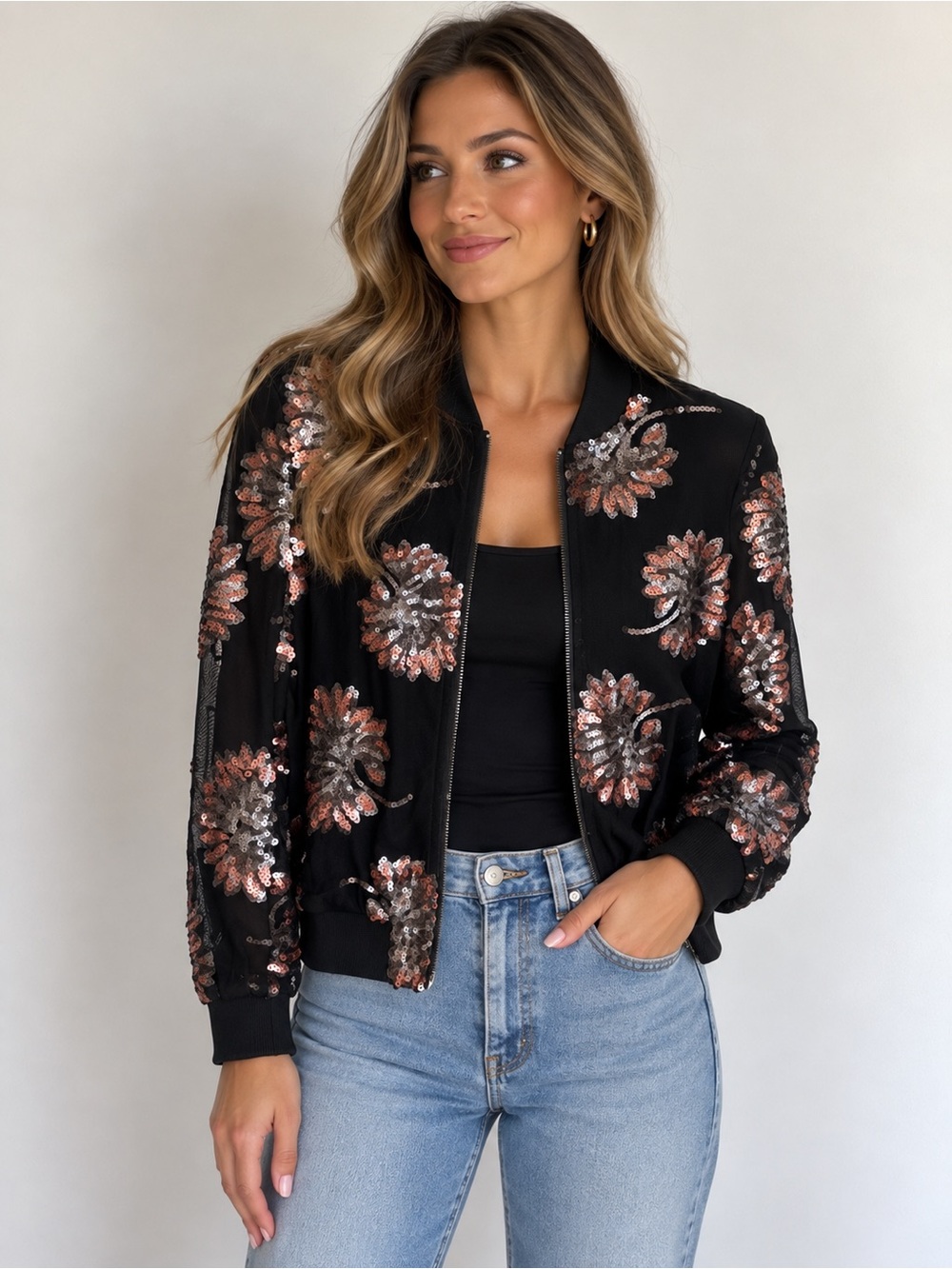 Chelsea28 Sequin Floral Bomber Jacket